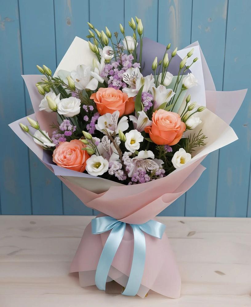 Букет цветов из: Лизиантусы, Розы, Альстромерии и Гипсофила в Александрийской Республики Дагестан